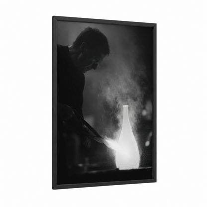 Molten Craftsmanship framed glassworking print — black wood frame — black and white palette