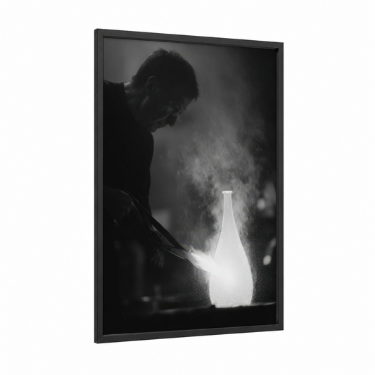 Molten Craftsmanship framed glassworking print — black wood frame — black and white palette