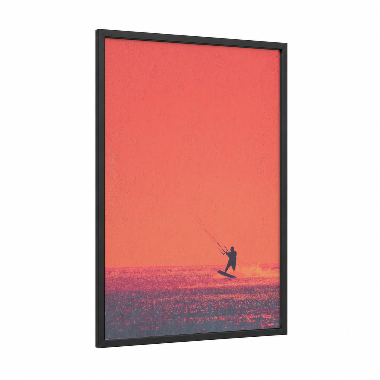 Sunset Kite Surfer framed kite surfing print — black wood frame — orange and pink palette