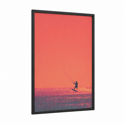 Sunset Kite Surfer framed kite surfing print — black wood frame — orange and pink palette
