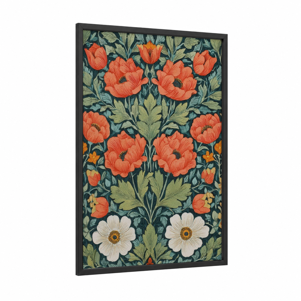 Coral Ranunculus Garden framed art print — black wood frame — teal and orange palette