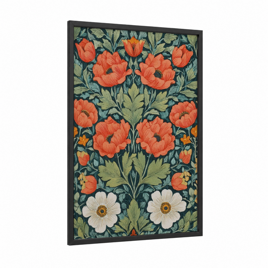 Coral Ranunculus Garden framed art print — black wood frame — teal and orange palette
