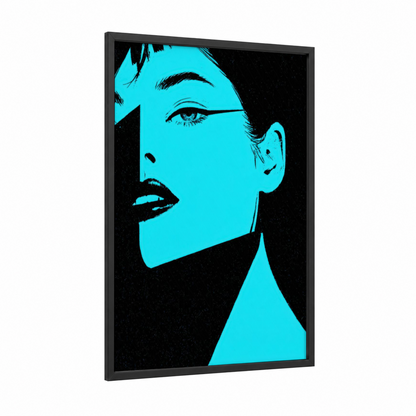 Cyan Beauty Portrait framed make up print — black wood frame — blue and black and white palette