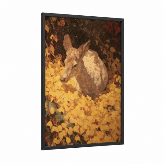 Autumn Reindeer framed art print — black wood frame — gold and brown palette