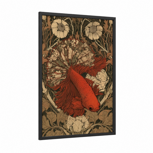 Crimson Betta Glory framed fighting fish print — black wood frame — red and cream palette
