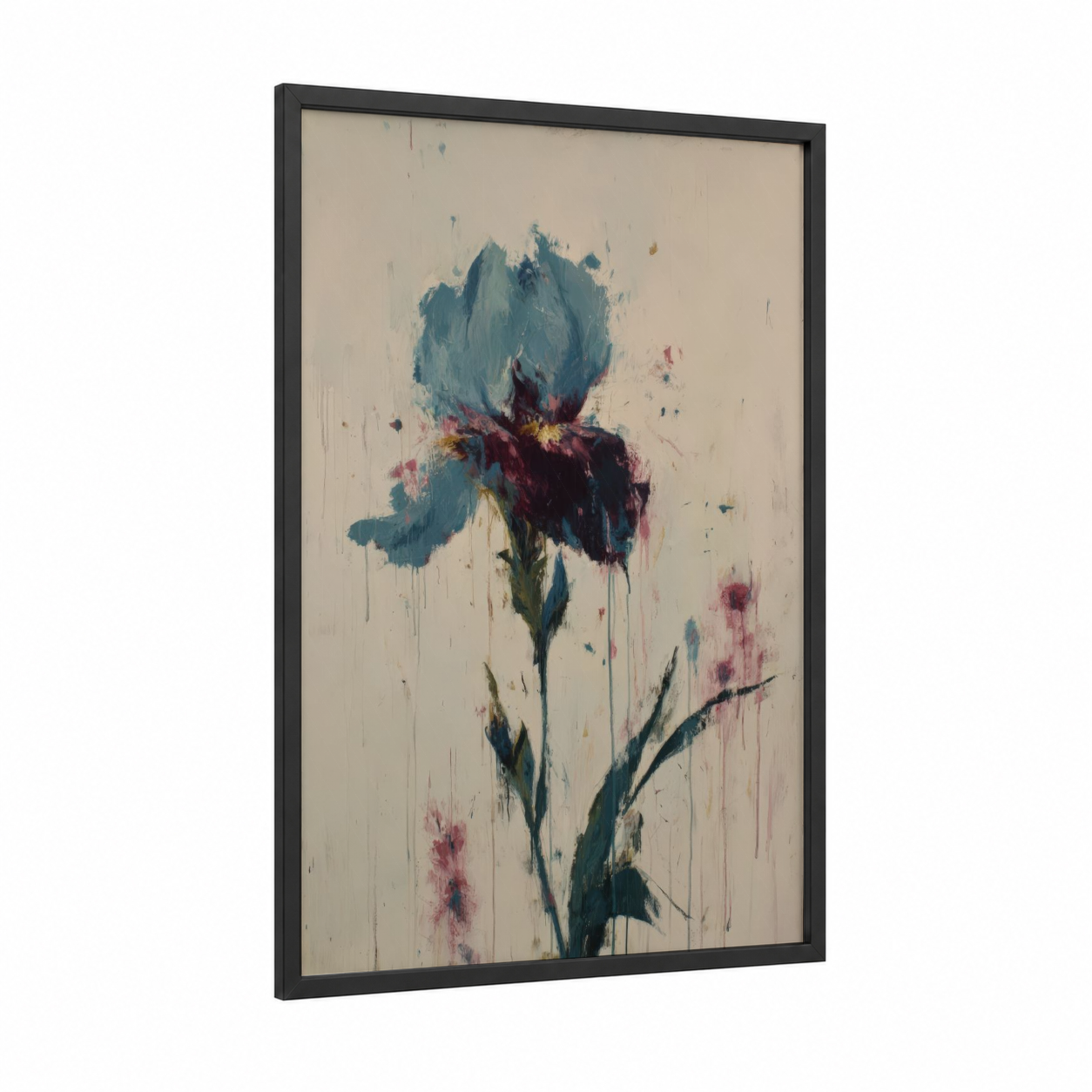 Teal Iris Bloom framed art print — black wood frame — teal and maroon palette