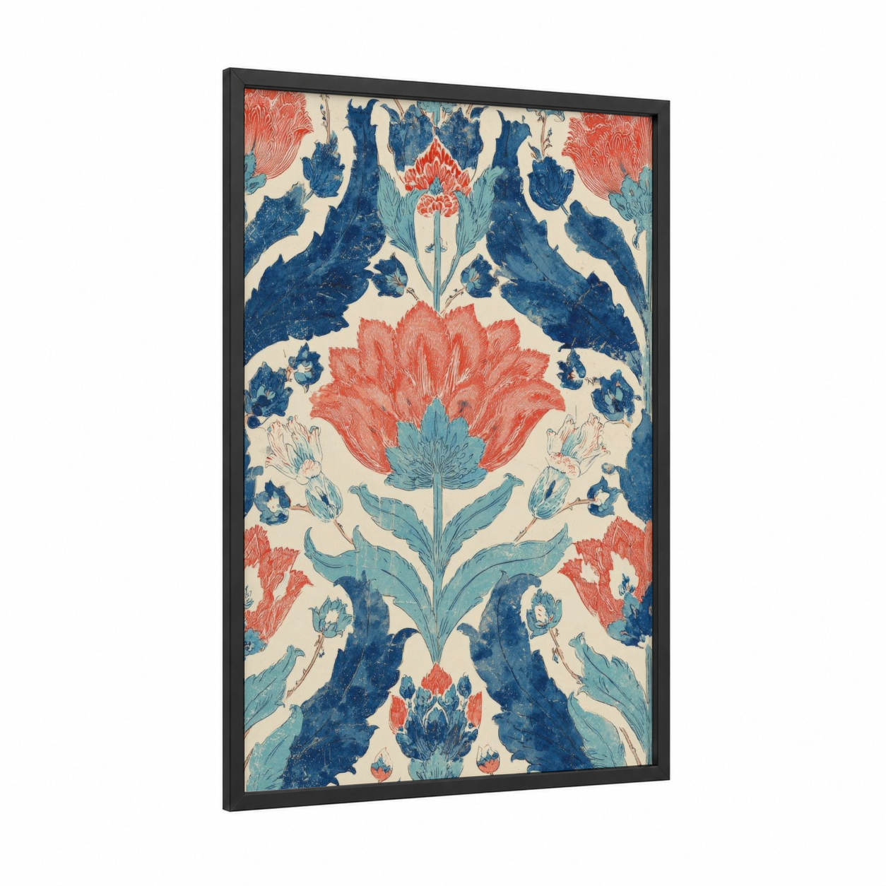 Islamic Floral Symmetry framed art print — black wood frame — blue and red palette