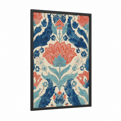 Islamic Floral Symmetry framed art print — black wood frame — blue and red palette