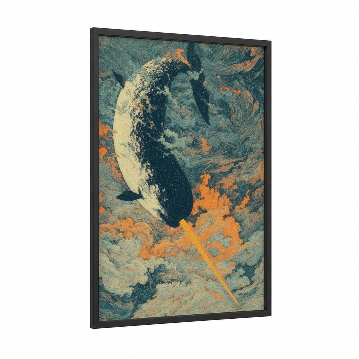 Cosmic Narwhal framed art print — black wood frame — teal and orange palette