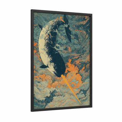 Cosmic Narwhal framed art print — black wood frame — teal and orange palette