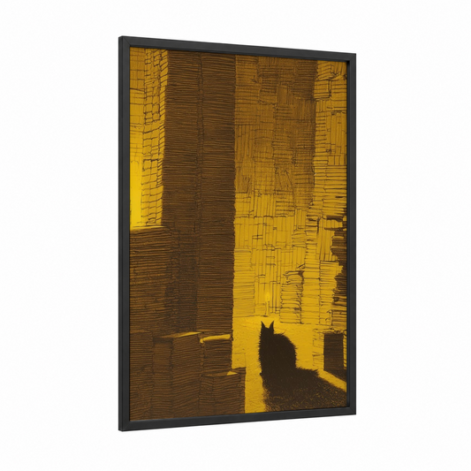 Urban Shadow Cat framed art print — black wood frame — gold and brown palette