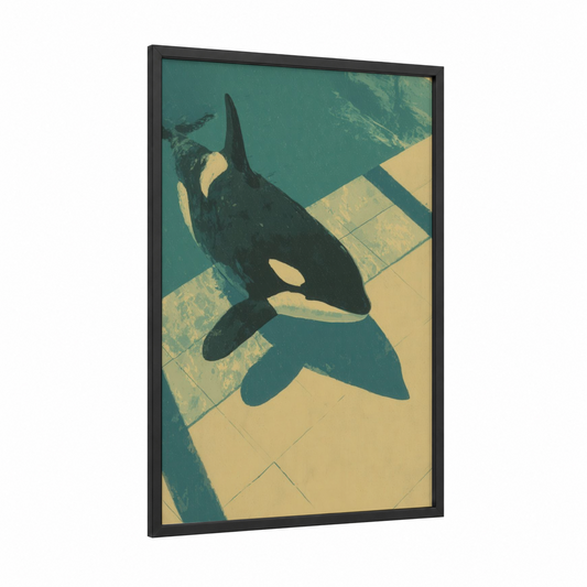 Poolside Orca framed orca whale print — black wood frame — teal and cream palette