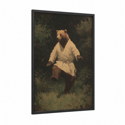 Karate Bear framed art print — black wood frame — brown and dark green palette