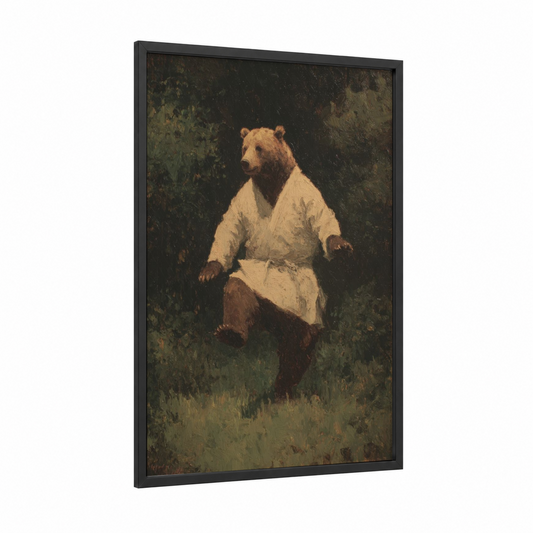Karate Bear framed art print — black wood frame — brown and dark green palette