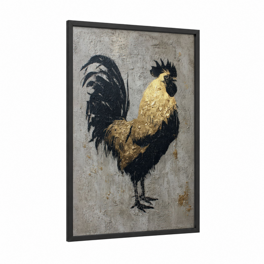 Golden Rooster framed chicken and roosters print — black wood frame — black and dove gray palette