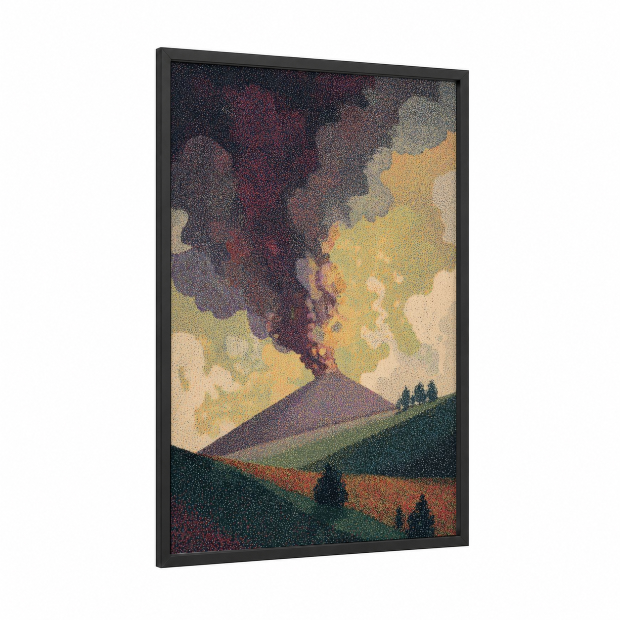 Volcanic Eruption framed volcano print — black wood frame — dark green and yellow gold palette