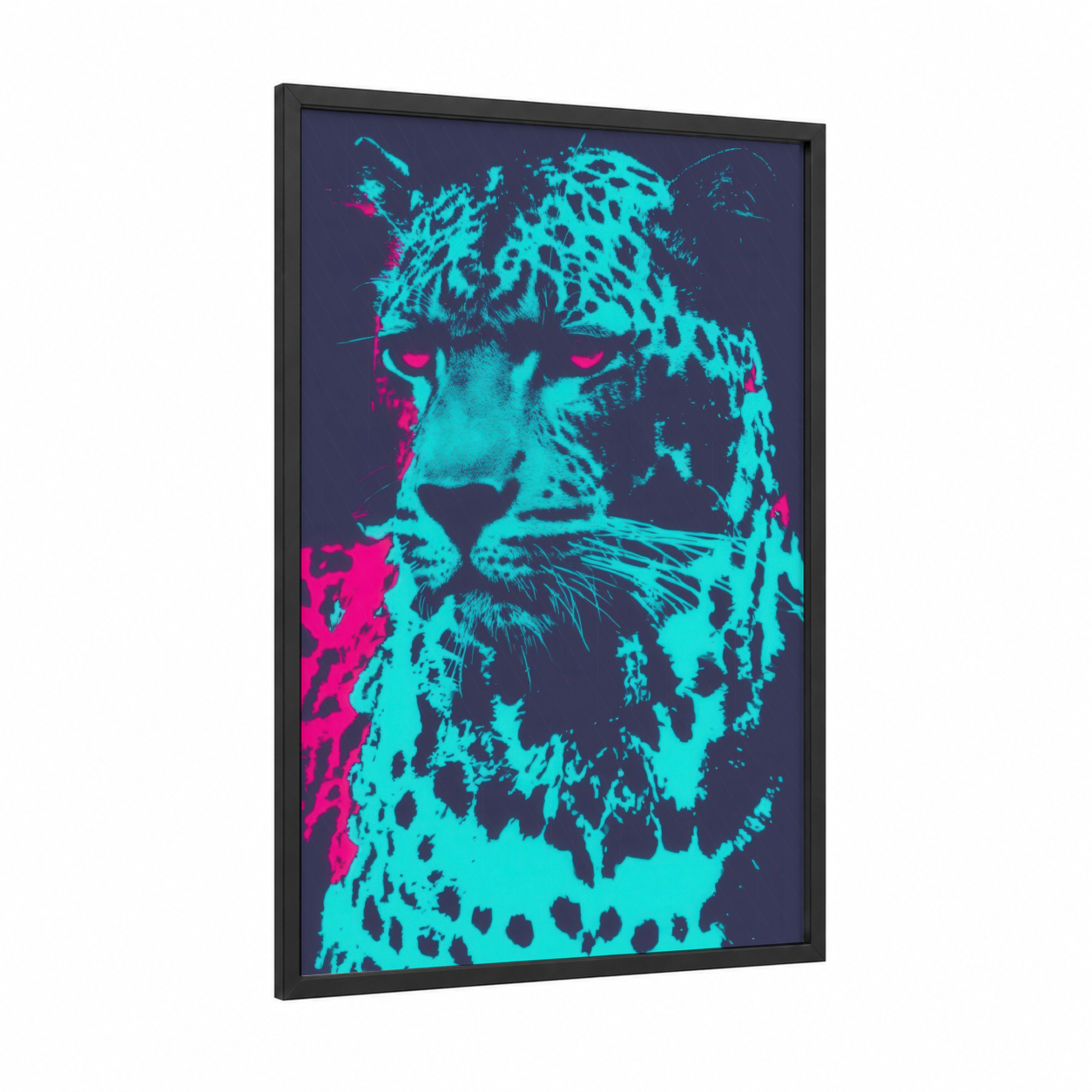 Neon Leopard framed art print — black wood frame — magenta and turquoise palette