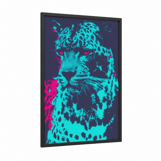 Neon Leopard framed art print — black wood frame — magenta and turquoise palette