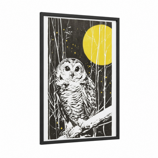 Moonlit Owl framed art print — black wood frame — black and white and yellow gold palette