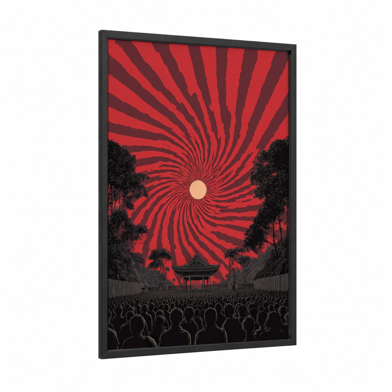 Crimson Spiral Awakening framed japanese psychedelic print — black wood frame — red and black palette