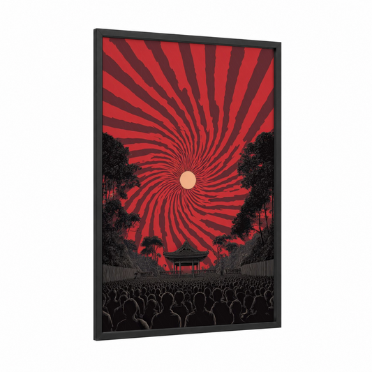 Crimson Spiral Awakening framed japanese psychedelic print — black wood frame — red and black palette