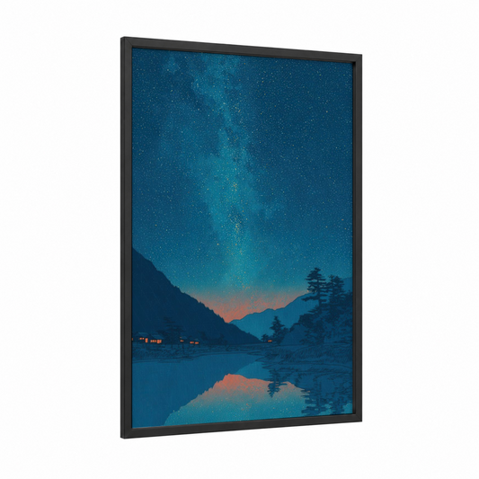 Starlit Alpine Valley framed milky way print — black wood frame — dark blue and gold and white palette