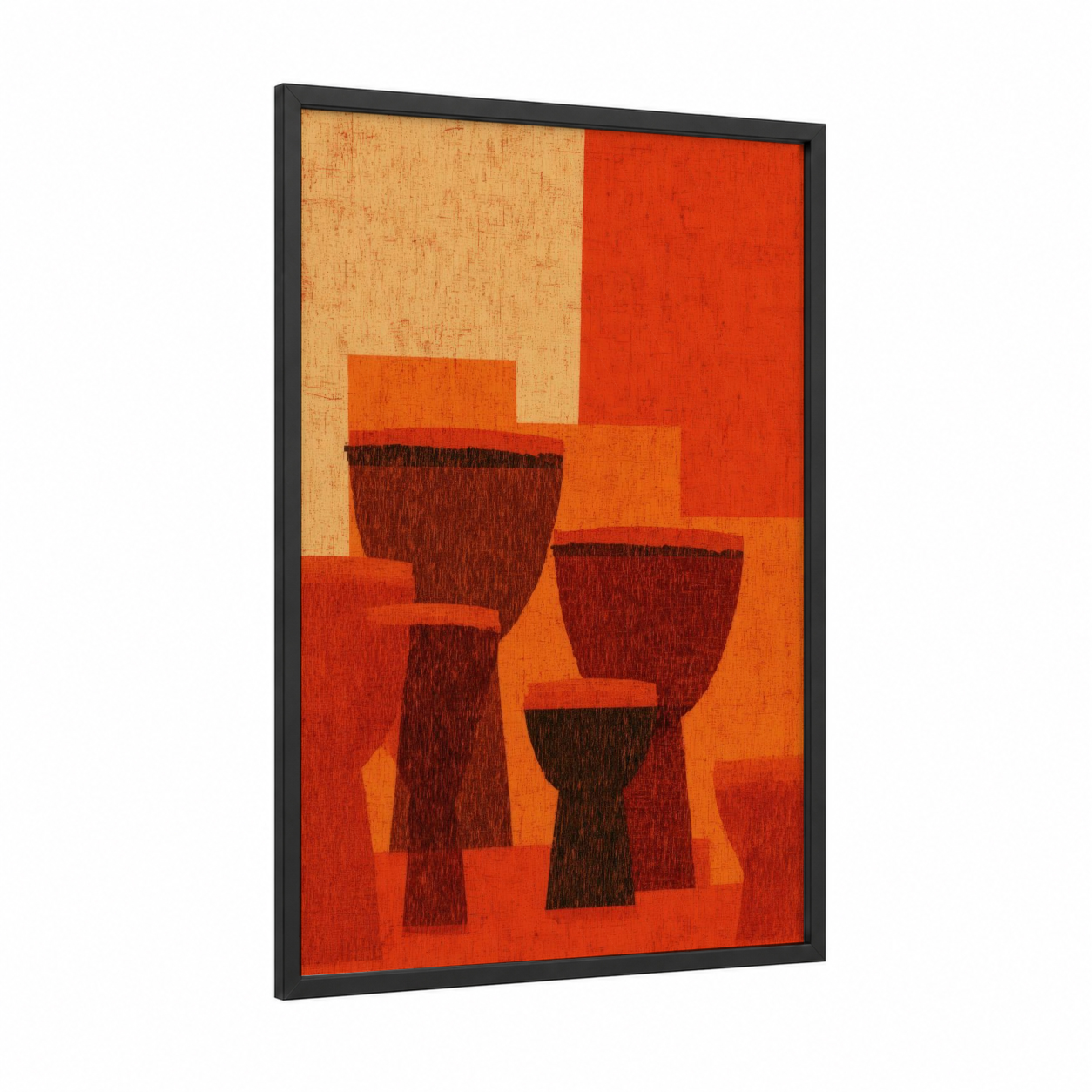 Geometric Drums framed art print — black wood frame — red and orange palette