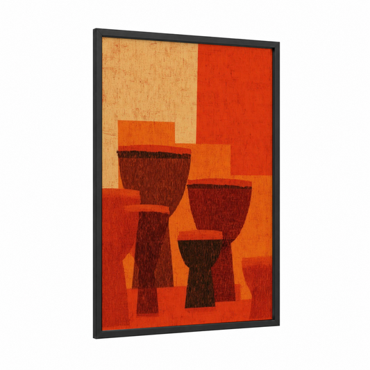 Geometric Drums framed art print — black wood frame — red and orange palette