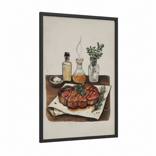 Seared Steaks Still Life framed meat print — black wood frame — brown and gold palette