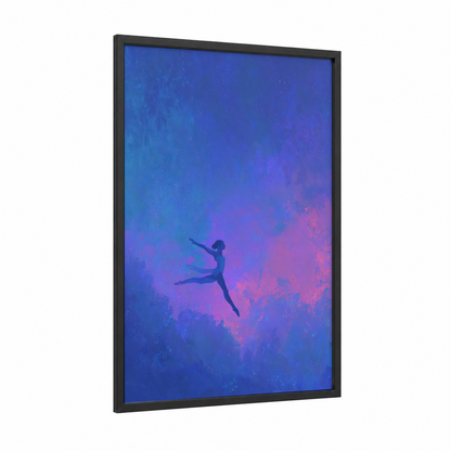 Ethereal Gymnast framed gymnastics print — black wood frame — blue and purple palette