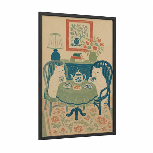 Two Cats Tea Time Wall Art framed art print — black wood frame — blue and cream palette