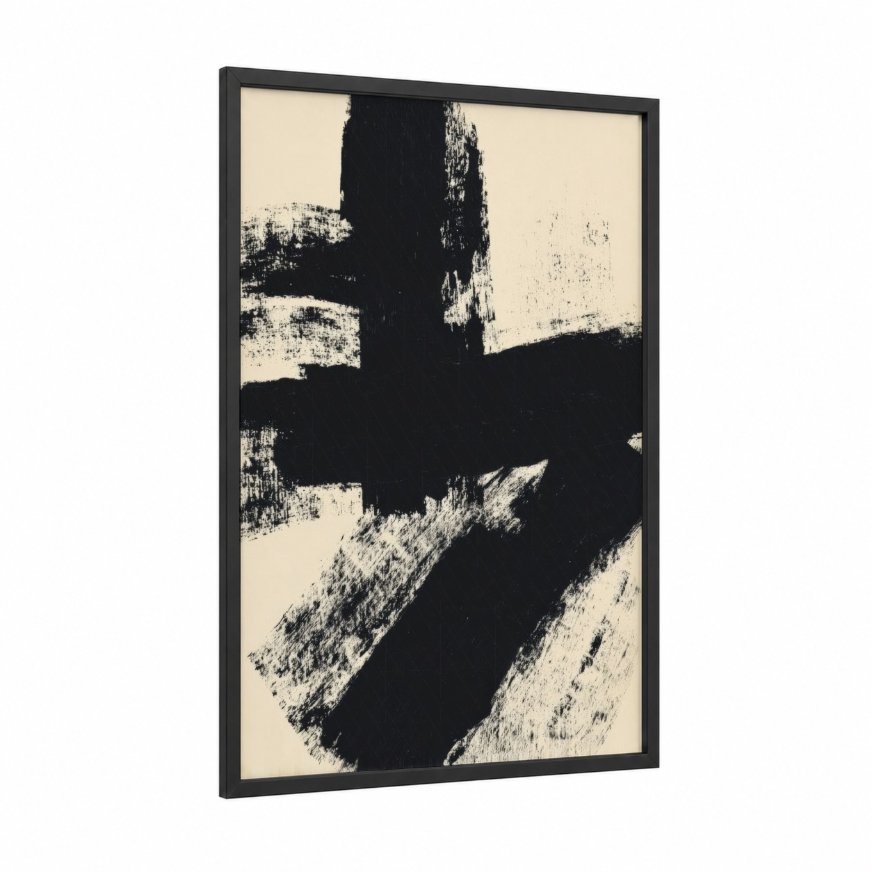 Monochrome Gestures framed abstract minimalist print — black wood frame — black and white and cream palette