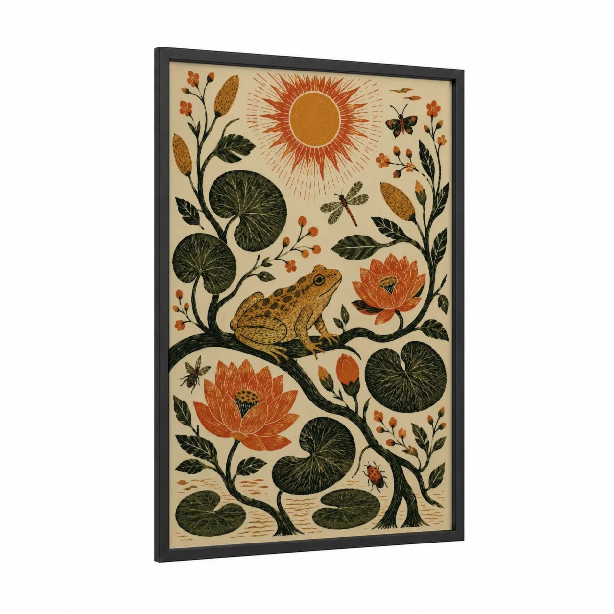 Japanese Lotus Pond with Frog Wall Art framed frogs and toads print — black wood frame — orange and dark green palette