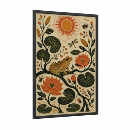 Japanese Lotus Pond with Frog Wall Art framed frogs and toads print — black wood frame — orange and dark green palette