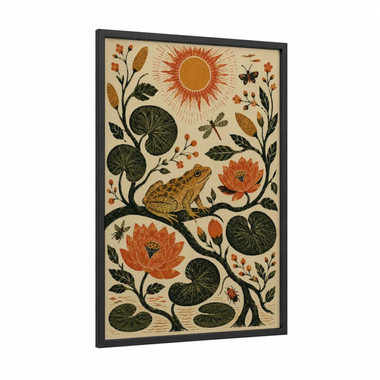 Japanese Lotus Pond with Frog Wall Art framed frogs and toads print — black wood frame — orange and dark green palette