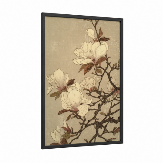 Cream Magnolia framed art print — black wood frame — cream and brown palette