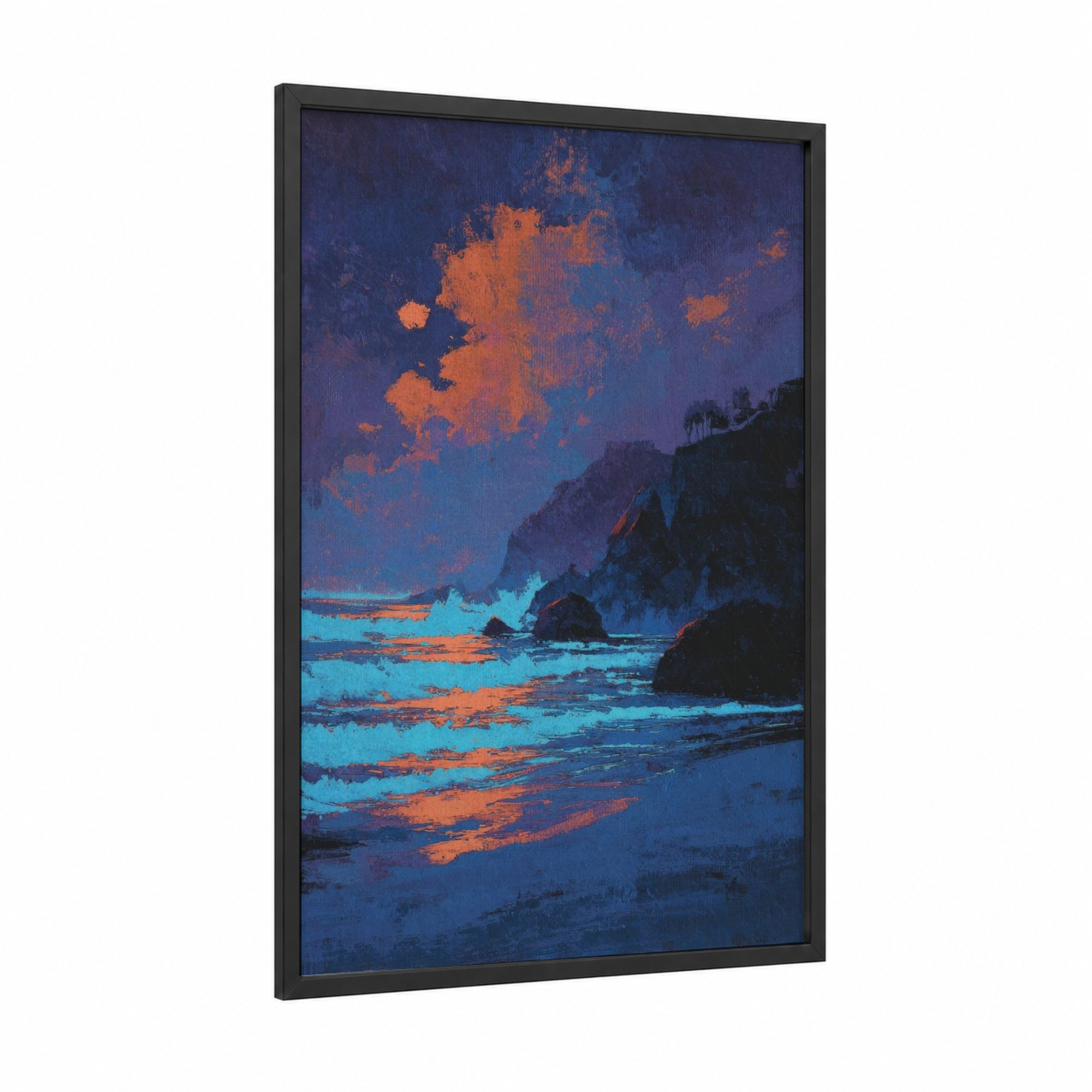 Twilight Shore framed sandy beach print — black wood frame — blue and orange palette