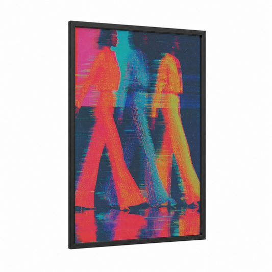Neon Fashion Trio framed retro fashion print — black wood frame — magenta and royal blue palette