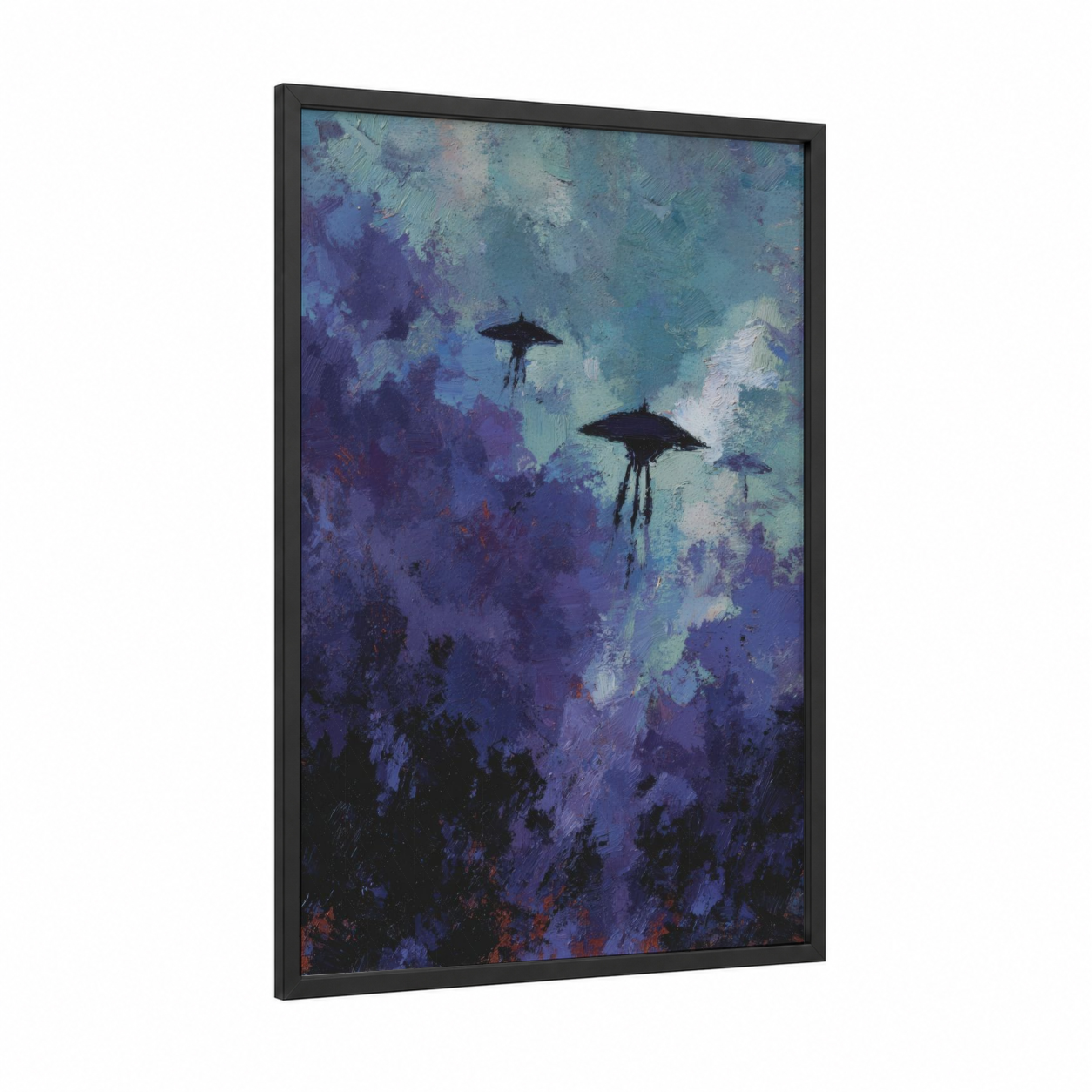 Alien Invasion Sky framed ufo print — black wood frame — purple and teal palette