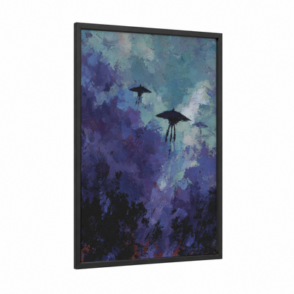 Alien Invasion Sky framed ufo print — black wood frame — purple and teal palette