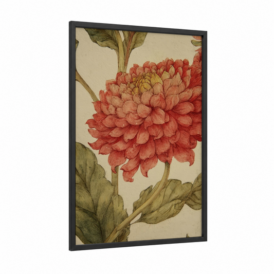 Coral Dahlia framed art print — black wood frame — salmon pink and sage green palette