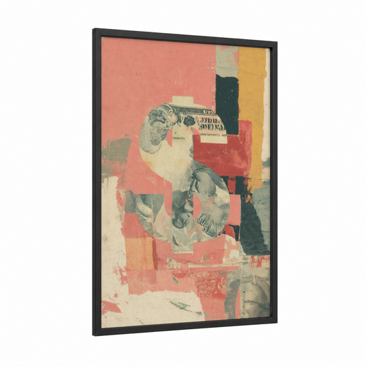 Vintage Currency Collage framed money print — black wood frame — salmon pink and yellow gold palette