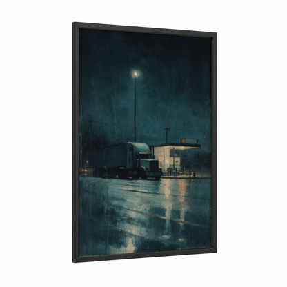 Rainy Night Truck framed art print — black wood frame — dark blue and gold palette