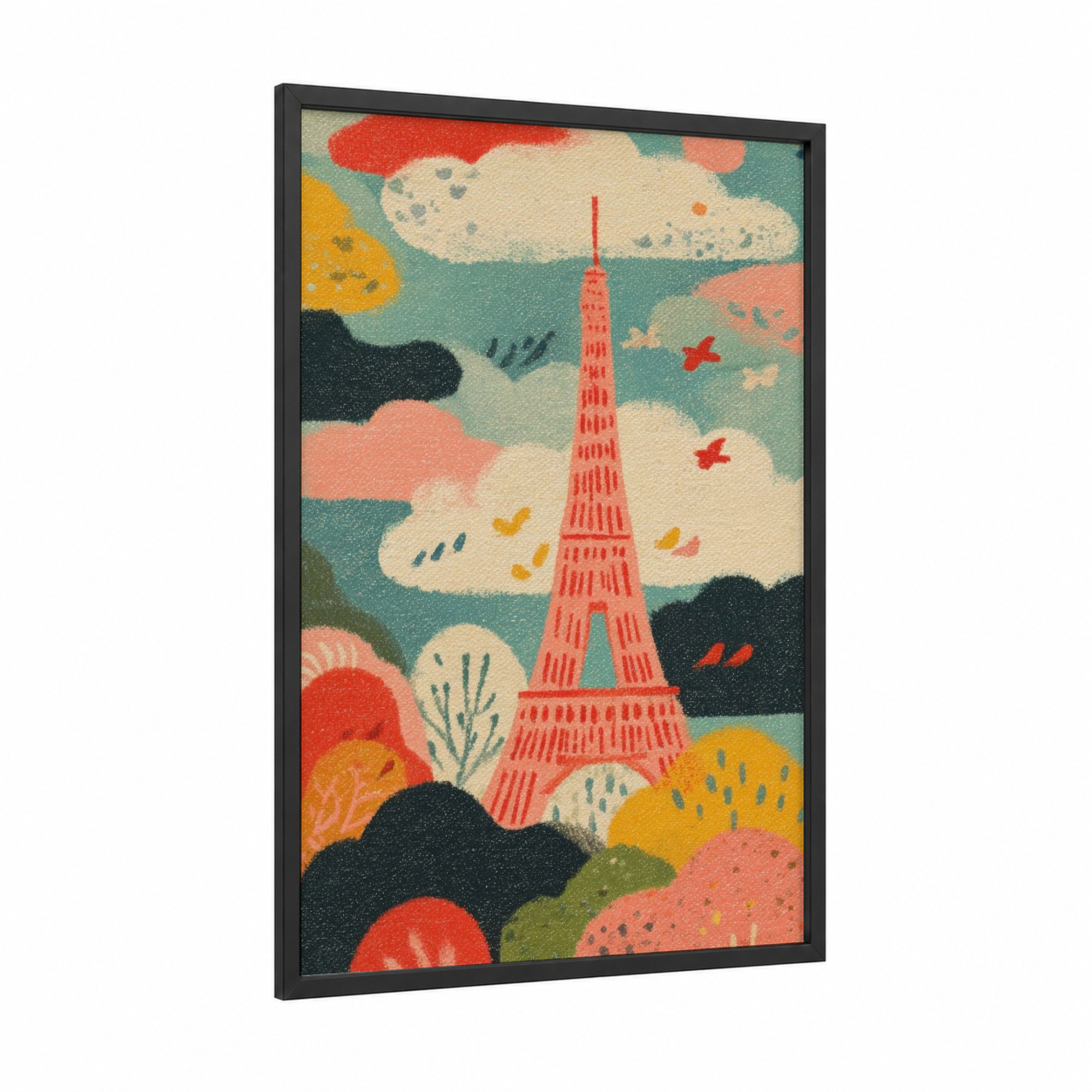 Parisian Tower Dream framed eiffel tower print — black wood frame — red and teal palette