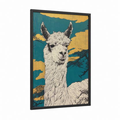Golden Sky Alpaca framed art print — black wood frame — teal and yellow gold palette