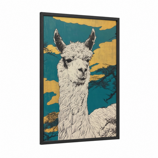 Golden Sky Alpaca framed art print — black wood frame — teal and yellow gold palette