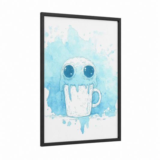 Curious Squid framed art print — black wood frame — blue and white and aquamarine palette
