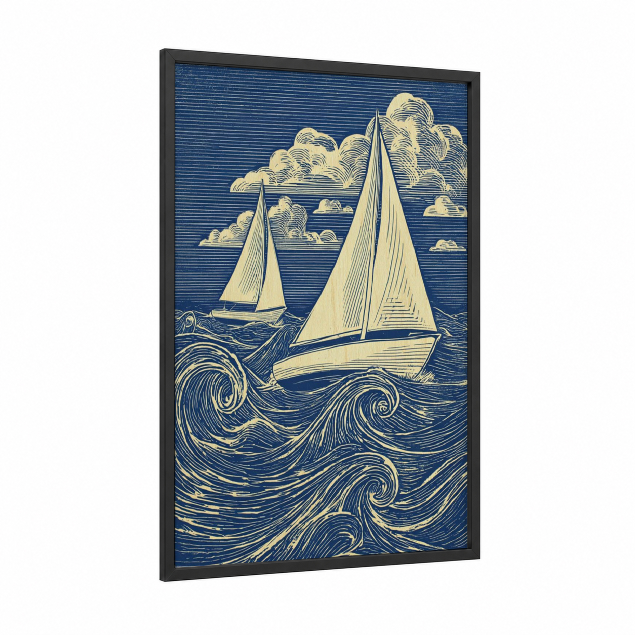 Sailing Boats Woodblock framed sailing ship print — black wood frame — dark blue and cream palette