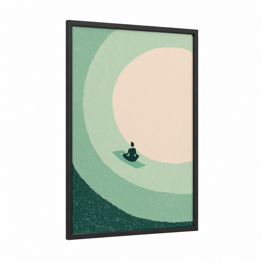 Serene Yoga Meditation framed fitness yoga print — black wood frame — light green and cream palette