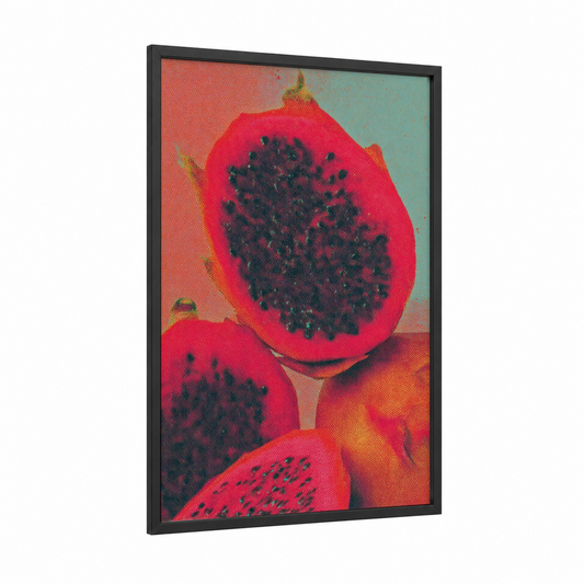 Vibrant Pomegranate framed fruit print — black wood frame — magenta and teal palette